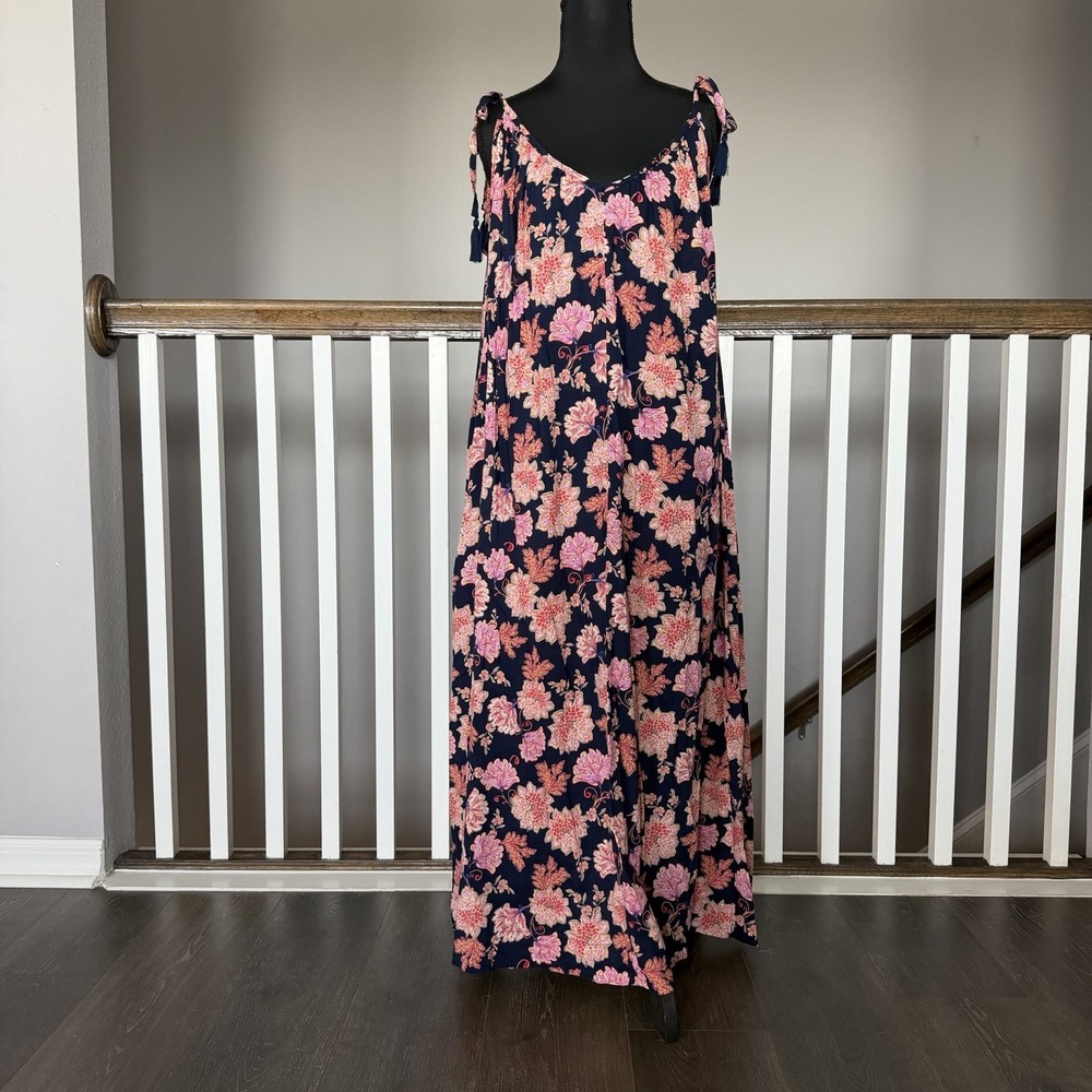 Old Navy Cotton Blue Pink Floral Pocket Maxi Tank Slip Sun Dress Large Resort